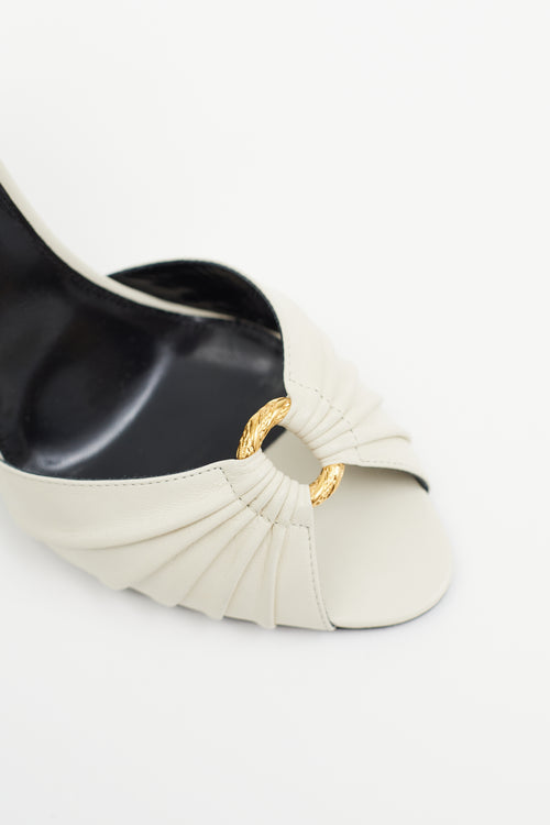 Saint Laurent Cream Leather Pleated Embellished Alma Sandal Heel