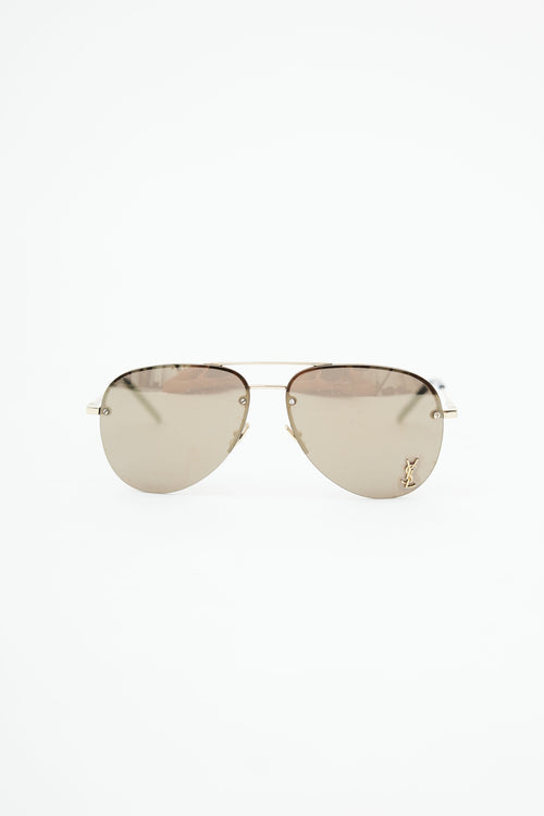 Saint Laurent Gold & Black Classic 11 M Monogram Aviator Sunglasses