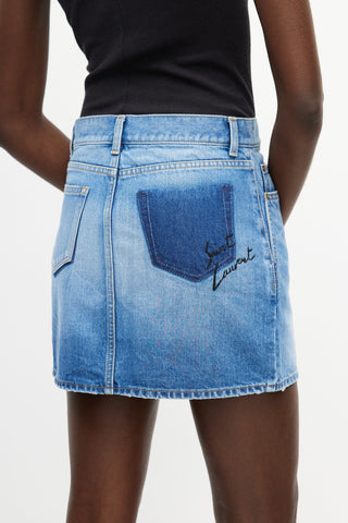 Blue Denim Logo Embroidered Mini Skirt