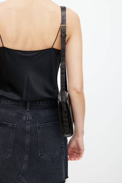 Saint Laurent Dark Brown Embossed Leather Reversed Shoulder Bag
