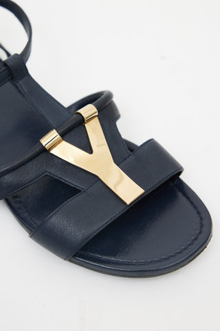 Saint Laurent Navy Leather & Gold-Tone Y Strappy Sandal