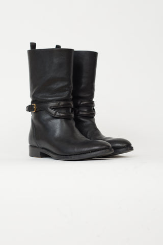 Saint Laurent Black Leather Gold-Tone Buckle Boot