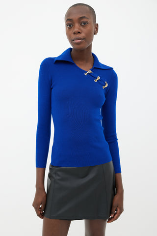Salvatore Ferragamo Cobalt Blue FF Logo Asymmetrical Hardware Sweater