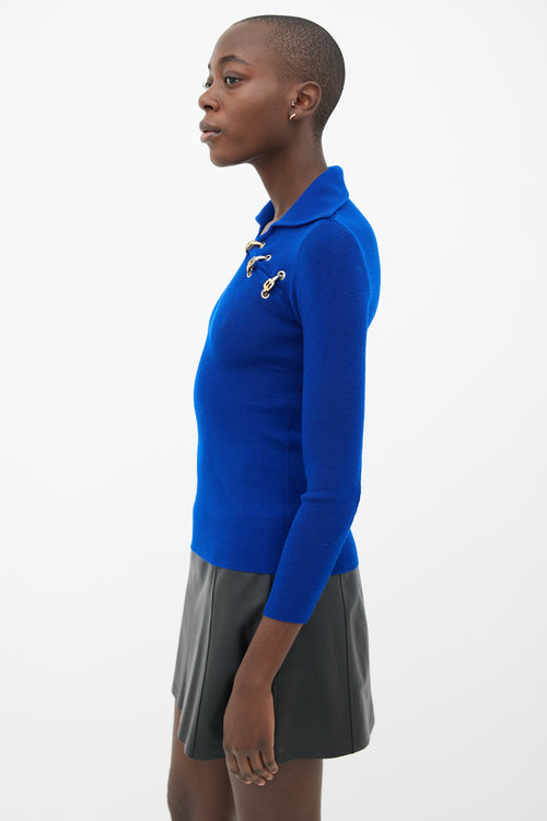 Salvatore Ferragamo Cobalt Blue FF Logo Asymmetrical Hardware Sweater