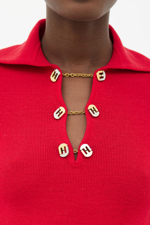 Salvatore Ferragamo Red & Gold-Tone FF Logo Chain  Sweater