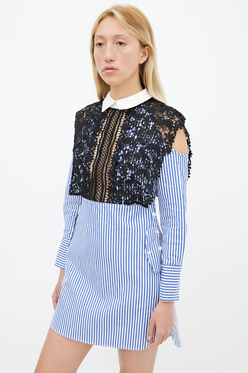 Self Portrait Blue & White Stripe Lace Overlay Shirt Dress