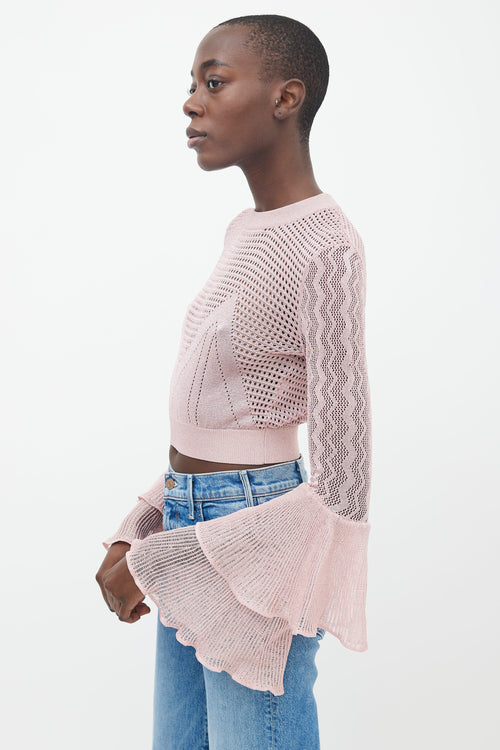 Self Portrait Pink Mesh Knit & Ruffle Sleeve Sweater