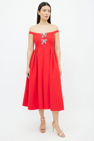 Self Portrait Red & Silver-Tone Bow Embellished Midi  Dress