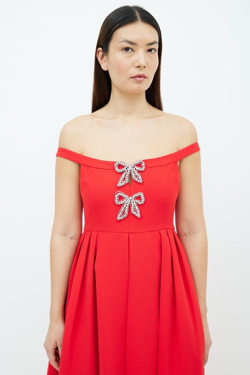 Self Portrait Red & Silver-Tone Bow Embellished Midi  Dress