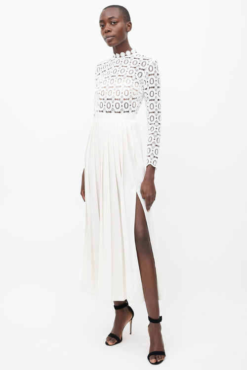 Self Portrait White Crochet Pleated Maxi Dress