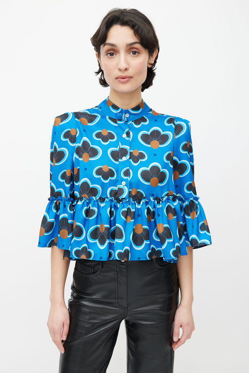 Smythe Blue, Brown & Green Printed Floral Ruffle Crop Blouse