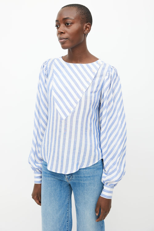 Smythe White & Light Blue Linen Stripe Asymmetrical Blouse 
