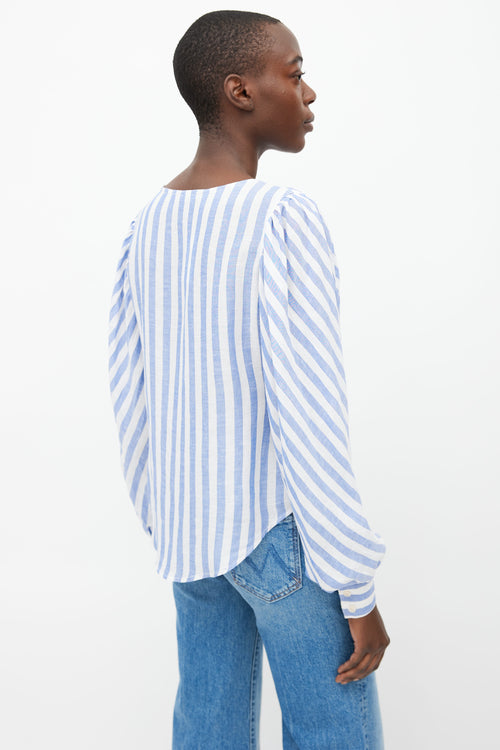 Smythe White & Light Blue Linen Stripe Asymmetrical Blouse 