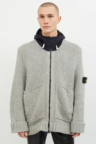 Stone Island Grey & Navy Wool Hooded Zip Up Sweater