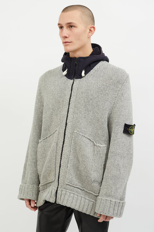 Stone Island Grey & Navy Wool Hooded Zip Up Sweater