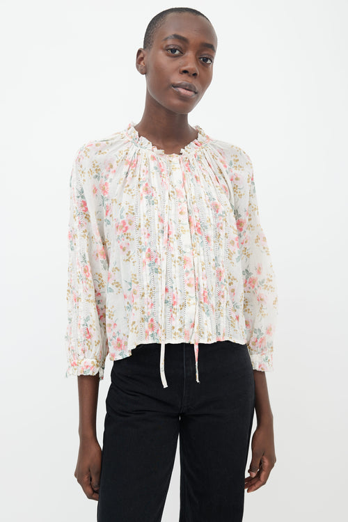 THE GREAT. Cream & Multi Floral Print Pleated Blouse