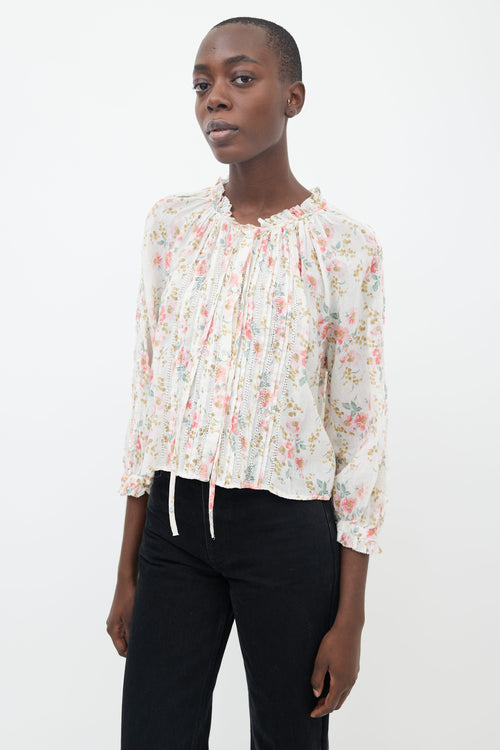 THE GREAT. Cream & Multi Floral Print Pleated Blouse