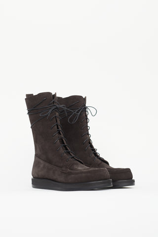 The Row Dark Brown Suede Patty Lace-Up Combat Boot