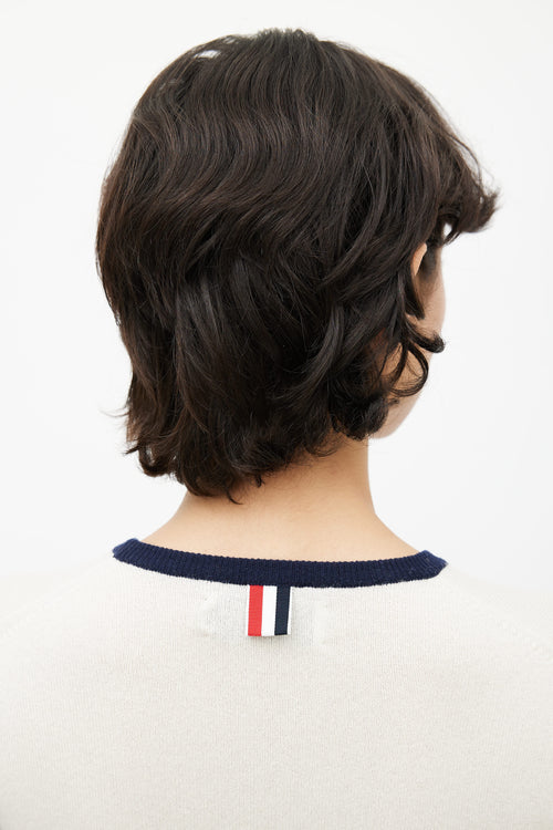 Thom Browne Cream, Navy & Red Knit Button Sweater