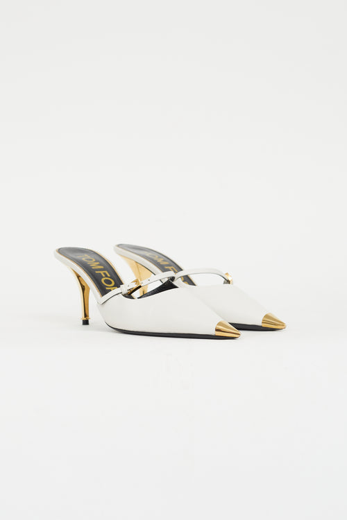 Tom Ford White Leather & Gold Mary Jane Mule