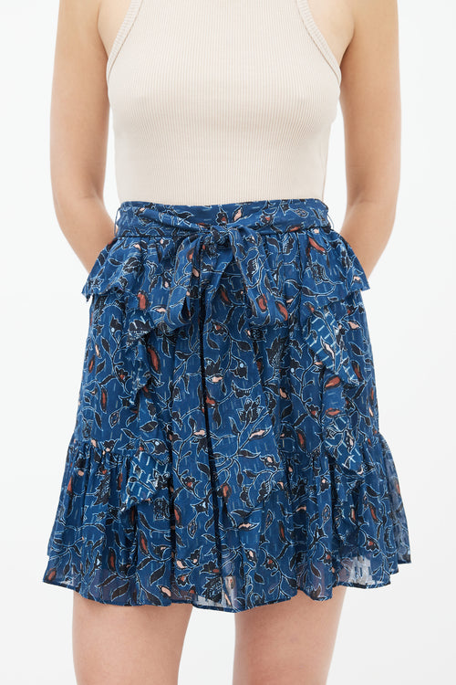 Ulla Johnson Navy & Multi Print Ruffle Belted Skirt
