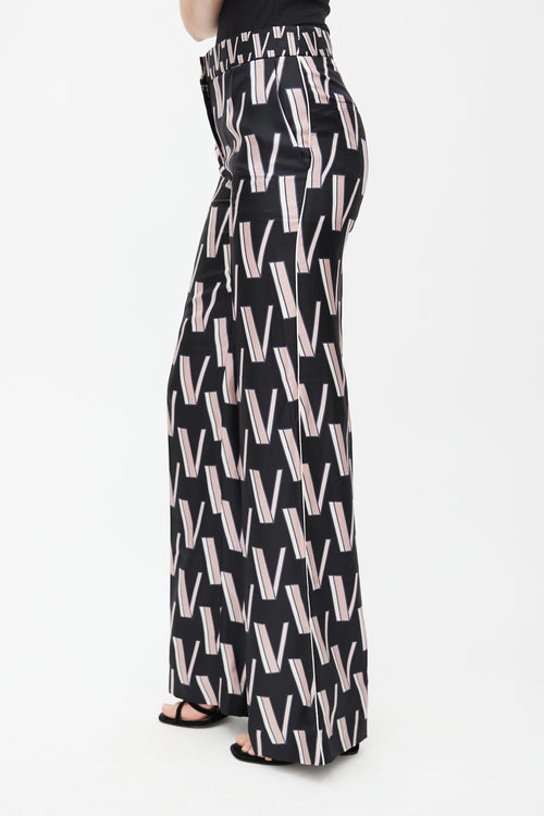 Valentino Black & Pink V Print Silk Trouser