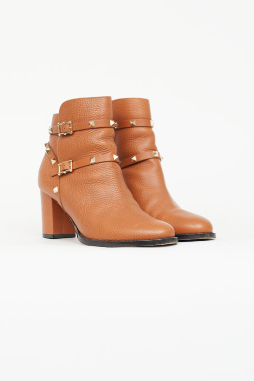 Valentino Brown Leather Rockstud Ankle Boot