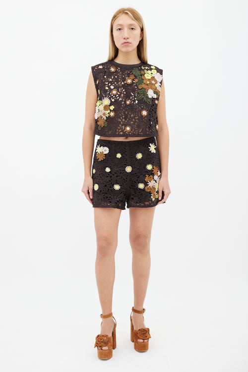 Valentino Brown Multi Floral Lace Co-Ord Set