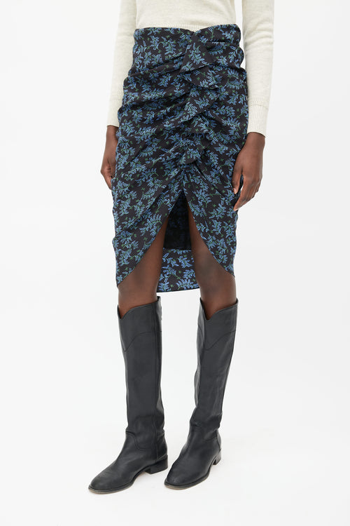 Veronica Beard Black & Blue Floral Ruched Skirt