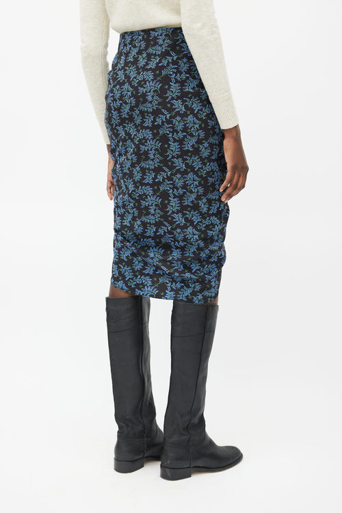 Veronica Beard Black & Blue Floral Ruched Skirt