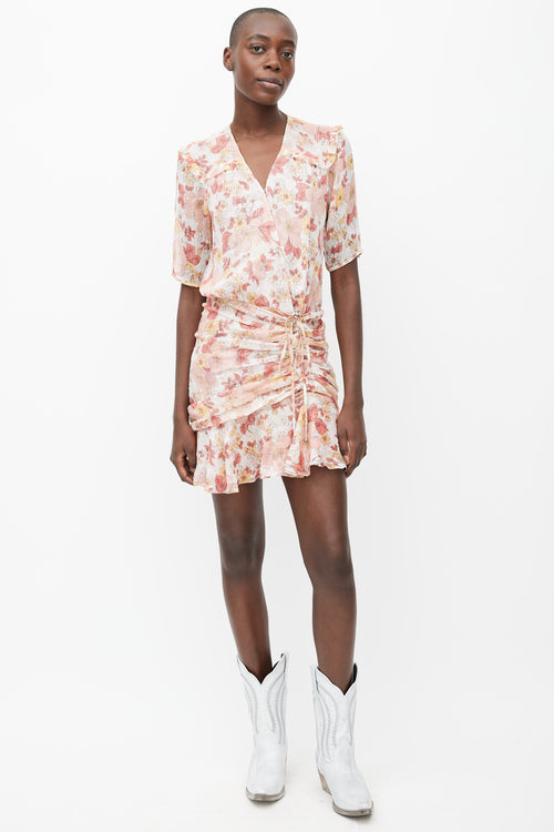 Veronica Beard Cream, Pink & Yellow Floral Printed Rouched Dress