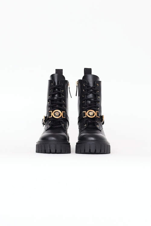 Versace Black Leather Medusa Combat Boots