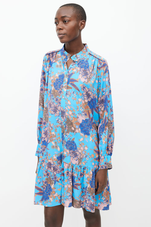 Xirena Blue & Pink Printed Floral Ruffle Dress