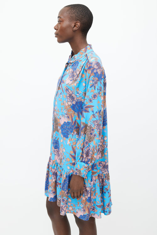 Xirena Blue & Pink Printed Floral Ruffle Dress