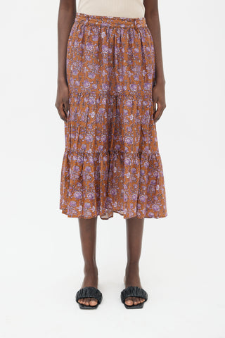 Xirena Brown & Purple Floral Print Tiered Skirt