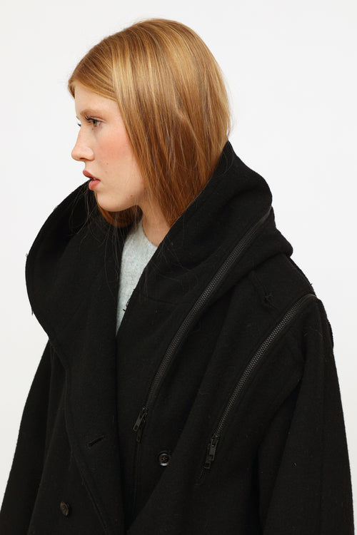 B Yohji Yamamoto Black Wool Convertible Coat