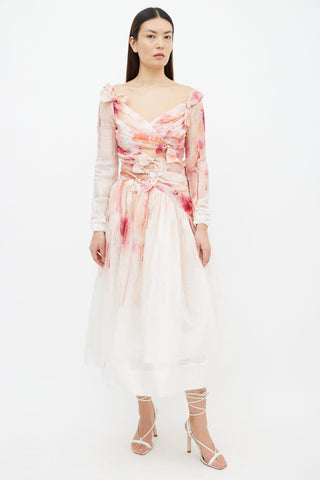 Zimmermann Cream & Pink Gradient Bow Midi Dress