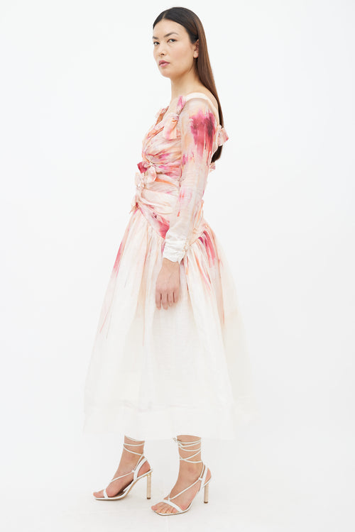 Zimmermann Cream & Pink Gradient Bow Midi Dress