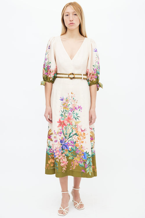 Zimmermann Cream & Multi Floral Print Belted Dress
