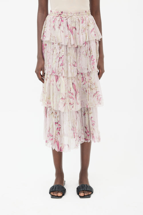 Zimmermann Pink Floral Print Tiered Skirt