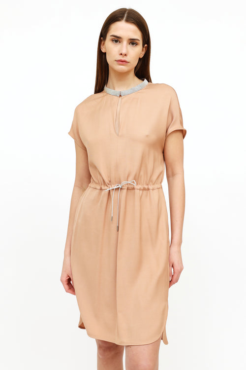  Pink Drawstring Short Sleeve Dress