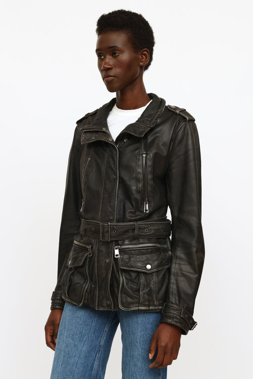 Burberry Brit Black Aged Leather Belted Jacket