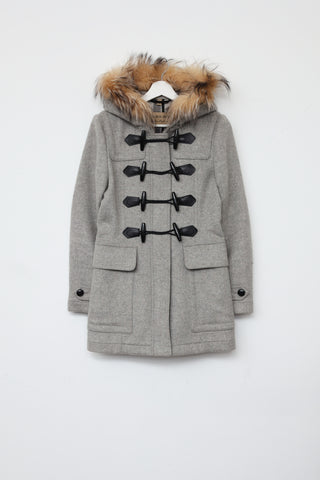 Burberry Grey Fur Trim Toggle Coat