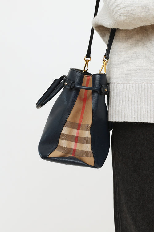 Burberry Navy Leather Check Medium Banner Tote
