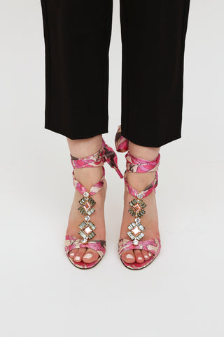 Emilio Pucci Pink Silk Wrap Embellished Heels