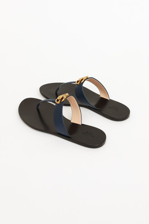 Gucci Navy & Black Leather GG Marmont Thong Sandals