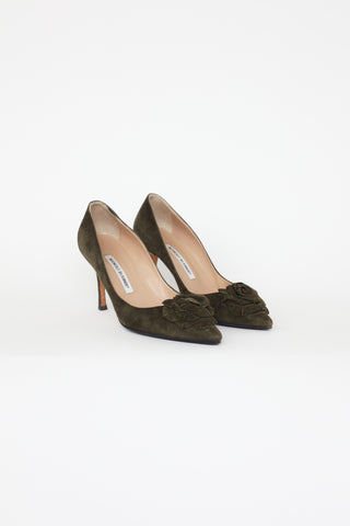 Manolo Blahnik Green Suede Rosette Pumps