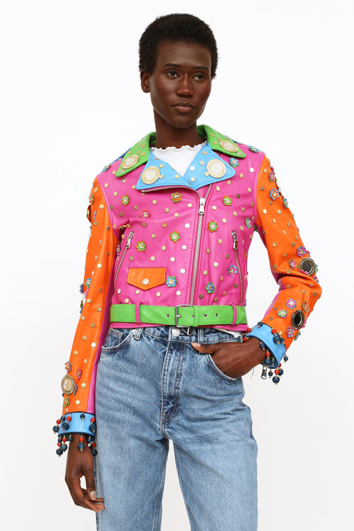 Moschino Multicolored Embelisshed Leather Jacket