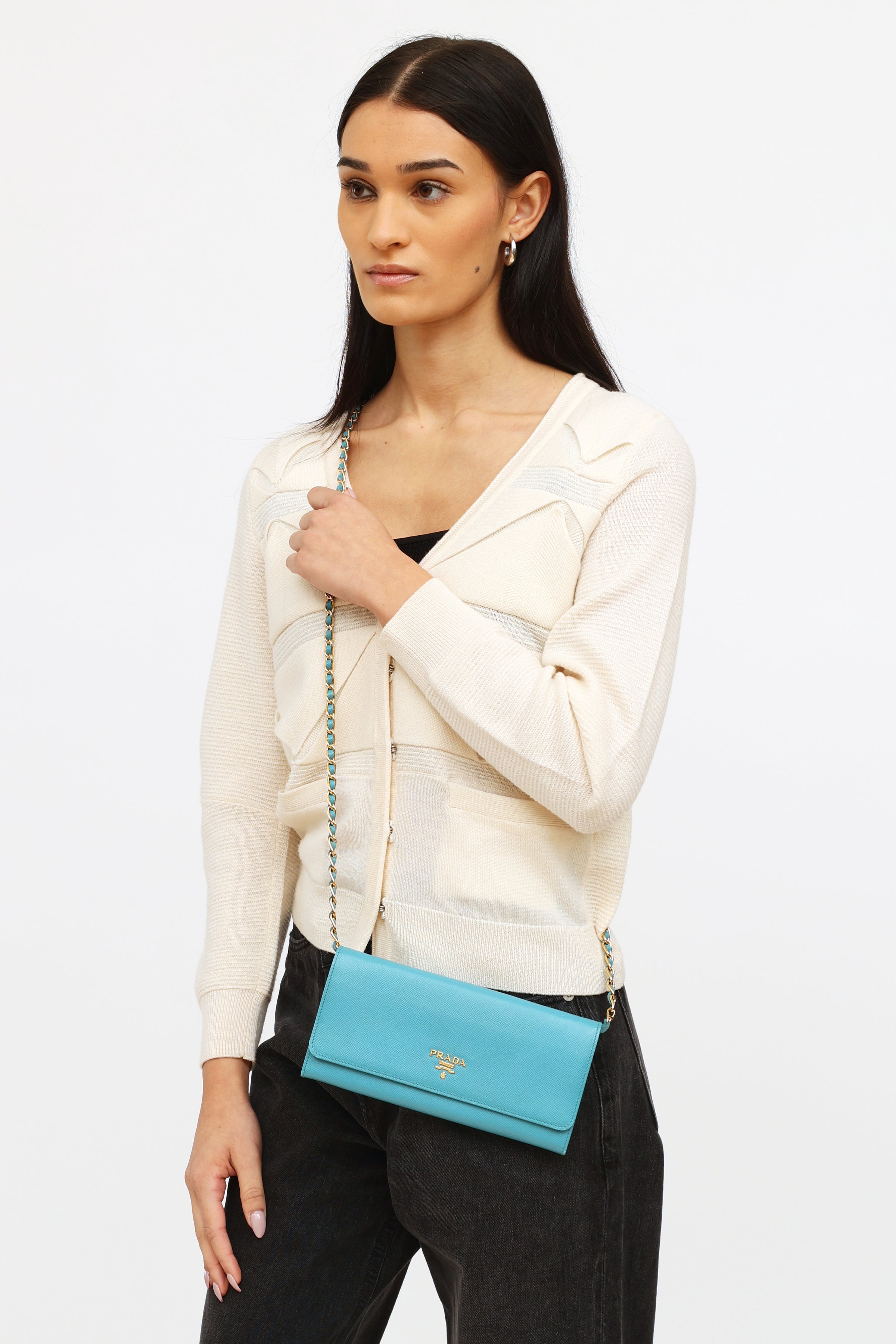 Prada // Teal Saffiano Flap Wallet On Chain – VSP Consignment