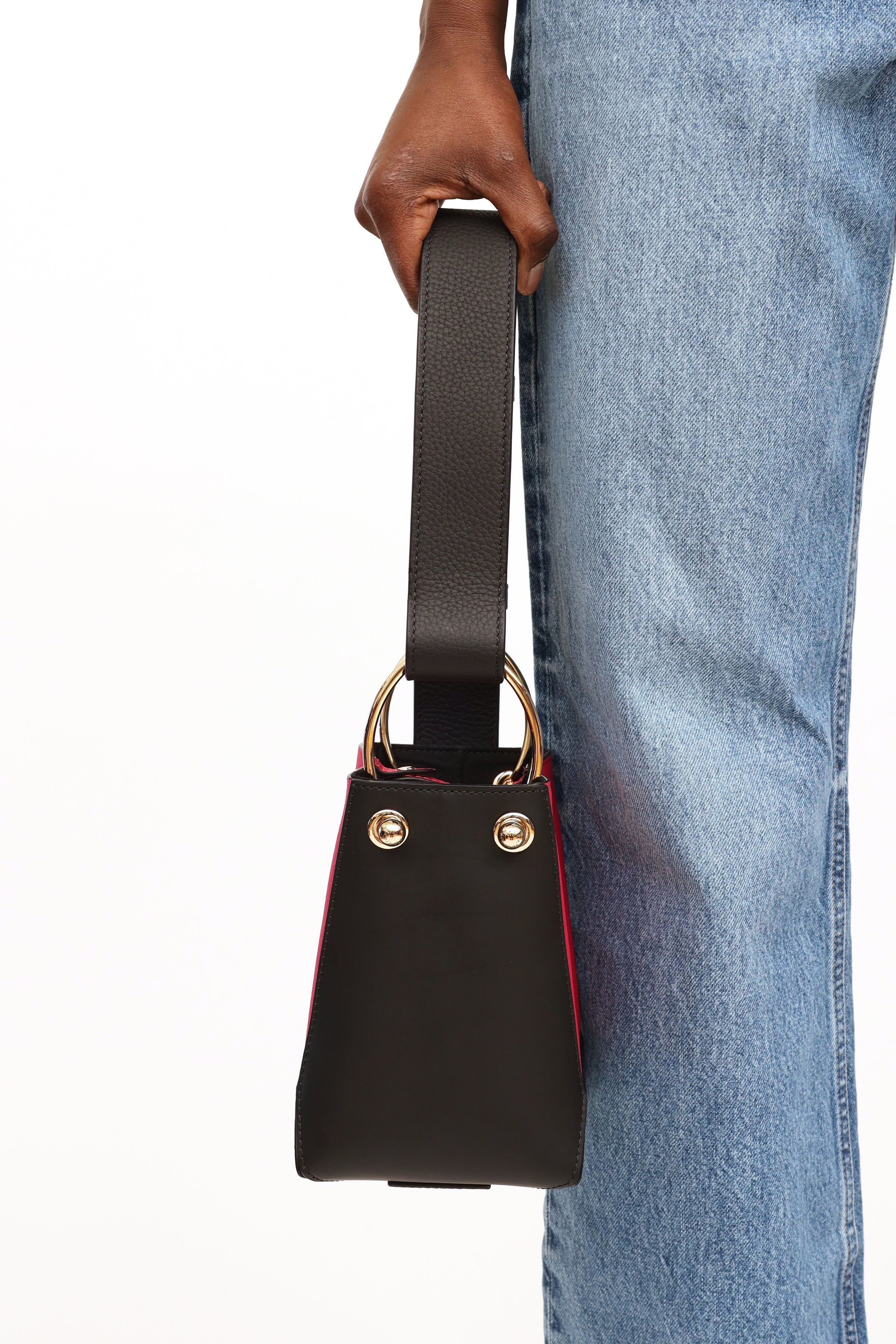 Strathberry Lana Nano Bucket Bag - Tri Colour Black Shearling/vanilla/maple